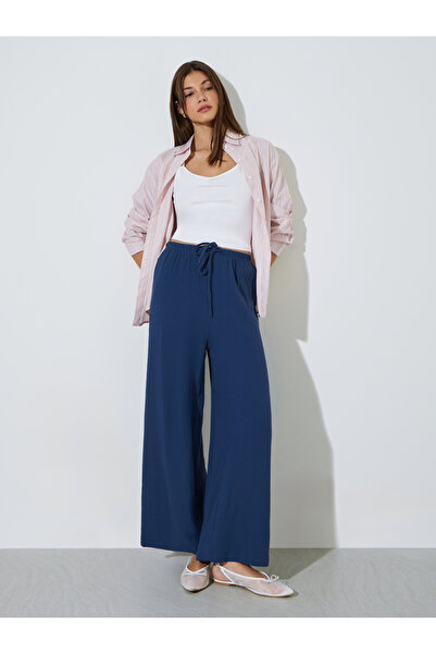 Styli Navy Blue Cotton Wide Leg Pants with Drawcord