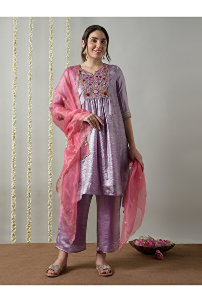 Silver Lime By Styli Lilac Asymmetric Zari Embroidered Kurta, Straight Pants ...
