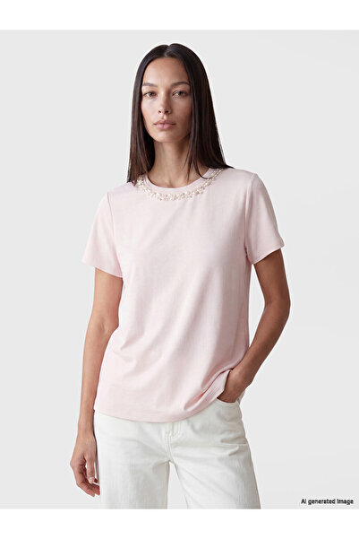 LC Waikiki Lcw Everyday Pink Crew Neck Stoned Soft Touch Women's T-Shirt