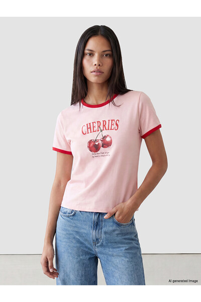 LC Waikiki Lcw Modest Pink Crew Neck Printed Women's T-Shirt