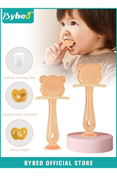 BYBEO 2 Baby Teethers & 2 Infant Silicone Pacifiers With Storage Boxes, Teeth...
