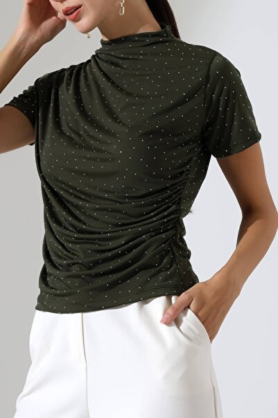 Sabr Women's Stoned Sandy Draped High Neck Blouse
