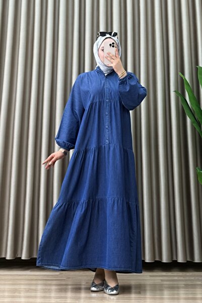mercan moda VERA ELBİSE Koyu mavi Uzun Tesettür Kot Elbise Kadın İnce Denim B...