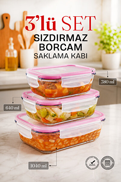 naturelove 3-Piece Rectangular Leak-Proof Bowl with Lid Glass Storage Contain...