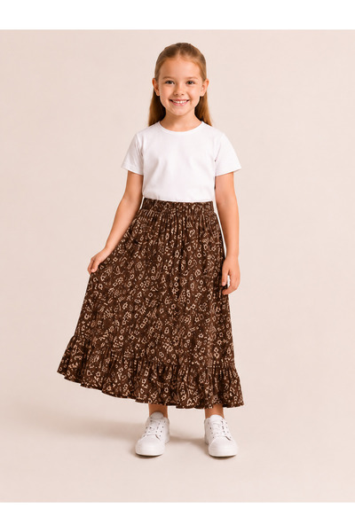 DUBAİ ÇOCUK Girl's Long Skirt Summer Patterned Elastic Waist Comfortable Loos...