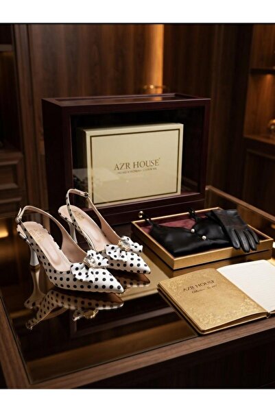 AZR New Season Heel-Headed Shoes with Polka Dot Pattern, Bow and Buckle Details