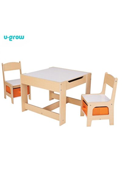U-Grow Set masă și 2 scaune din lemn pentru copii, cu spațiu de depozitare și...