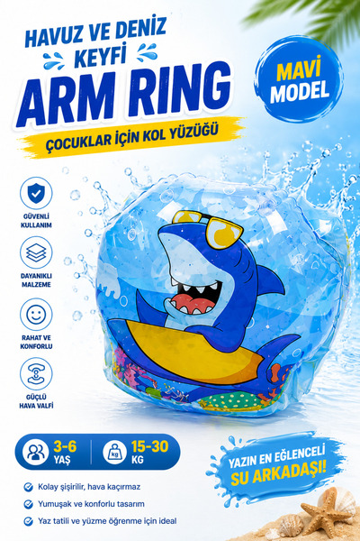 İlknurtoys Çocuk Şişme Kol Yüzüğü Mavi Köpekbalığı Desenli 22 cm | Havuz Deni...