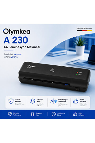 Olymkea A230 A4 Laminasyon Makinası&Siyah 12 Adet PVC Film Hediyeli