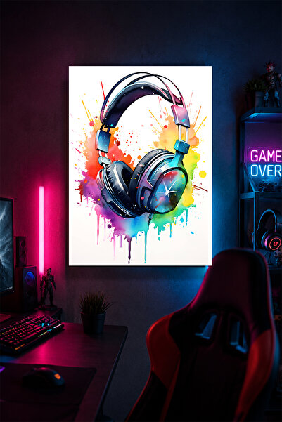 Lucena Tablou de perete din metal cu căști de gaming Decor pentru cameră pent...