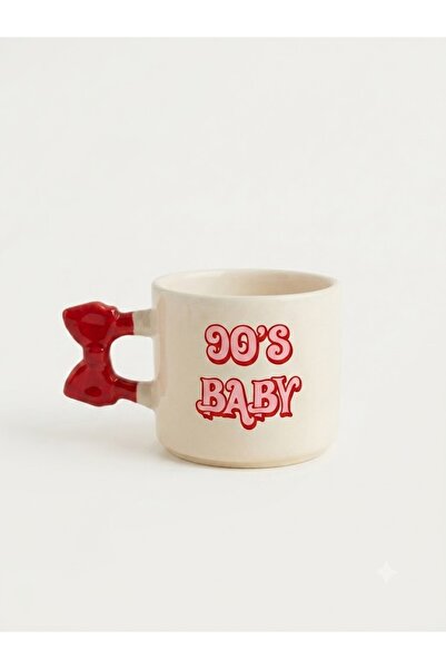 PALTO TASARIM 90'Baby Handmade Cream Shiny Ribbon Handle Mug - Handcrafted Gi...