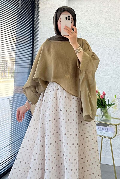 MELEK ARAZ Premium Yarasa Kol Şal Yaka Vual Bluz - Olive
