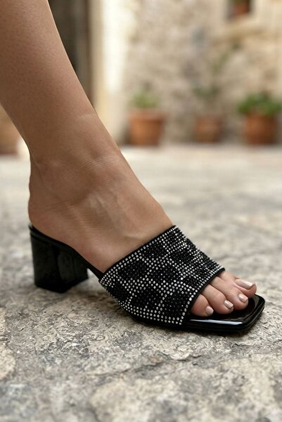 sefayol Loup Black Patent Leather Stone Heeled Women's Slippers