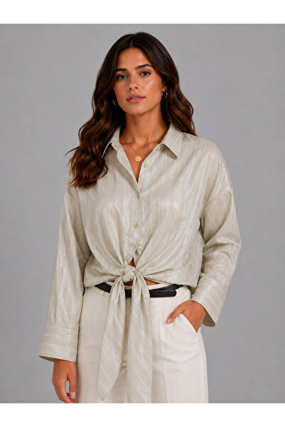 Basics&More Women's Satin Look Striped Long Sleeve Oversize Shirt - Stone