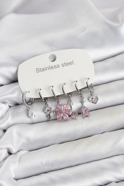 shopwave 316L Steel Silver Color Pink Zircon Stone Lotus Detailed Women's Ear...