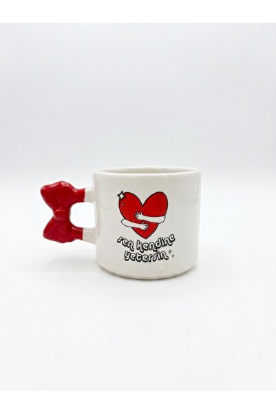 PALTO TASARIM Handmade Cream Glossy Ribbon Handle Mug - Handcrafted Gift Mug Cup