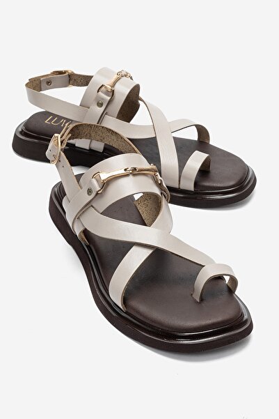 LuviShoes Fabiana Cream Genuine Leather Buckle Women's Flip-Flop Sandals