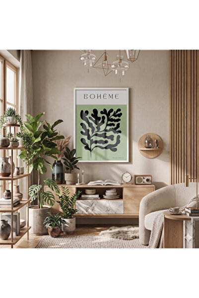 KOLAJTASARIM Poster de pictură cu frunze abstracte boeme, înrămat în lemn alb...