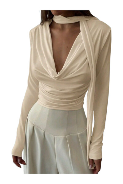OEM Bluza dama, eleganta, cu decolteu adanc, crem XS