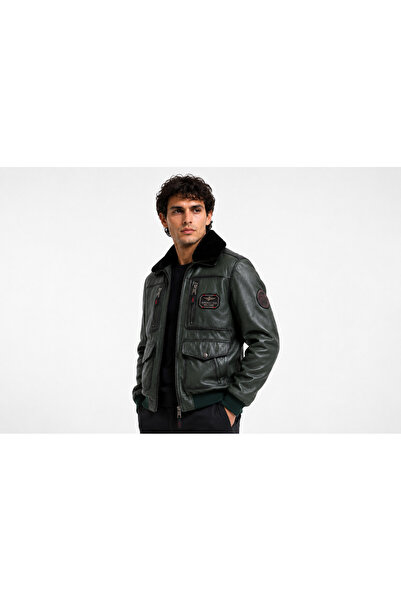 MİRENA LEATHER Erkek Kürk Yaka Yeşil Hakiki Deri Pilot Mont