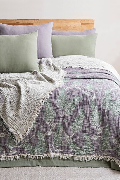 Meet ma ya Natural Muslin Bedspread, Pique Lilac Pattern, 100% Cotton 240*260 cm