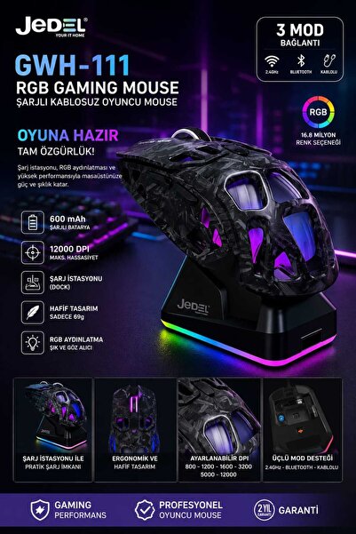 gaman GWH-111 Jedel RGB Şarjlı Kablosuz Oyuncu Mouse - Şarj İstasyonu 2.4G 12...