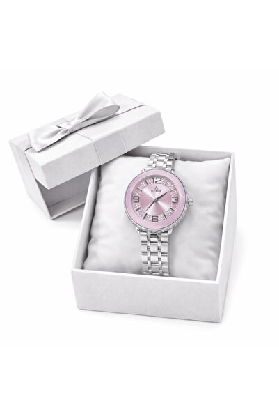 FITRON Women’s Pink Dial Watch Silver Strap Crystal Bezel Elegant