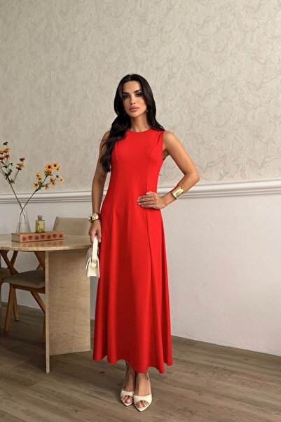 moda poni Women's Modal Red Fabric Sleeveless Long Dress