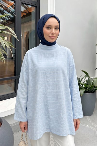 zenne Tunica cu dungi si detaliu șal Y0153 - ALBASTRU BEBE