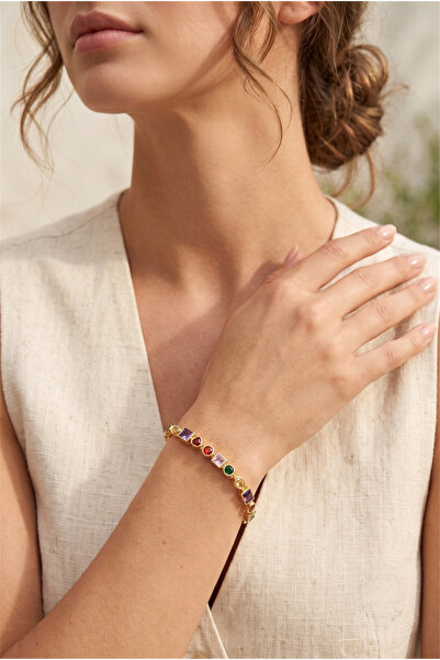 Pelin Aksesuar Gold Color Chain Bracelet with Colored Stones