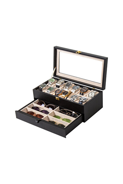 Güner Ofis Leather Organizer Box with Drawers and Glass Lid, with 12 Watch Co...