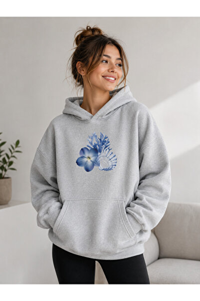 caddekombin Women's Blue Floral and Seashell Printed Hooded Sweatshirt with K...