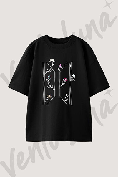Vento Luna BTS Cicek Tasarım Baskılı Unisex Oversize Kalıp Siyah Tshirt