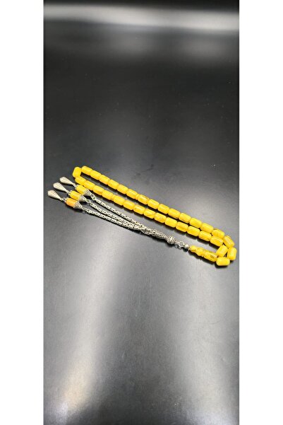 Onurlu Tesbihane Sıkma Kehribar Tespih 8x12,5 mm 925 Ayar Gümüş Püsküllü Koyu Sarı