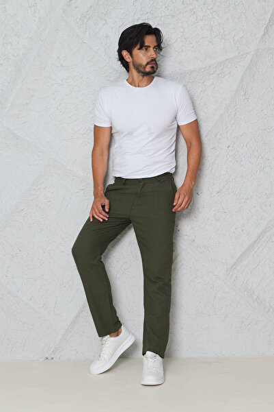 blayn jeans Men's Summer Linen Trousers with Fileto Pockets, Dark Green