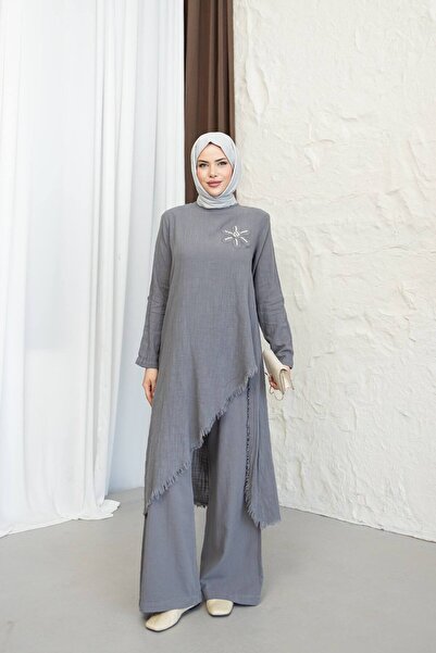PİNK FLY Asymmetrical Cut 100% Cotton Linen Double Set