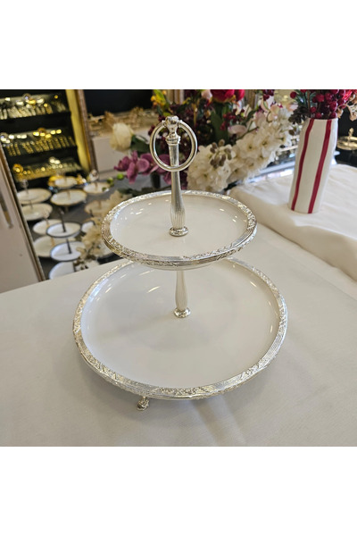 MaviDamla Two-Layer Metal Frame Porcelain Presentation Plate 30/19 cm Silver