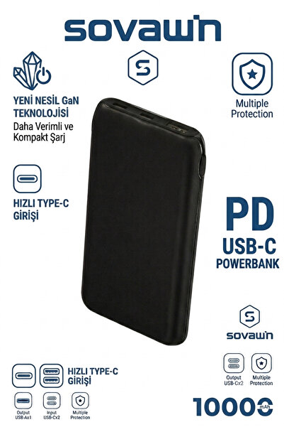 Sovawin Powerbank Hızlı 10000mAh Tasinabilir Şarj Cihazı - SİYAH