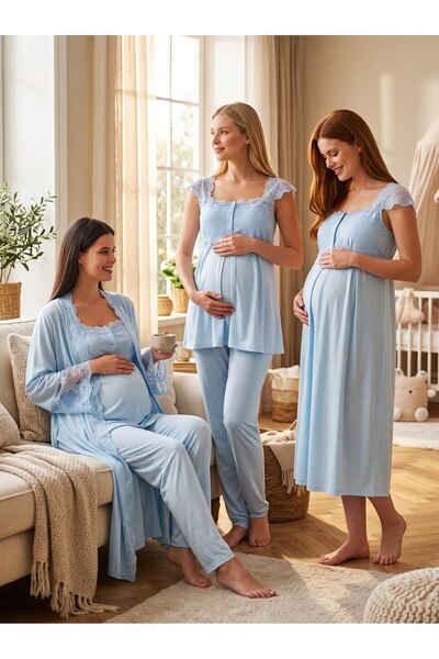 Lohussa New Season Blue Special Lace Detailed Strappy 100% Cotton Breastfeedi...