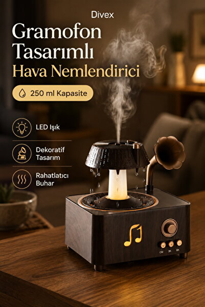 Divex Gramofon Tasarımlı 250 ml LED Işıklı Müzik Çalar ve Hava Nemlendirici, ...