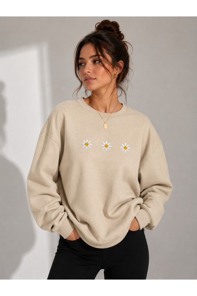 caddekombin Women's 3-Piece Daisy Printed Crew Neck Sweatshirt