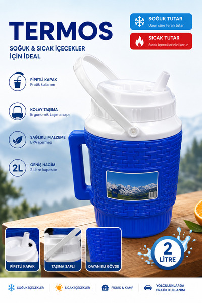 GÜZELYÜZ AVM Su Termosu 2 Litre Pipetli Taşıma Kulplu Piknik Kamp Araba Seyah...