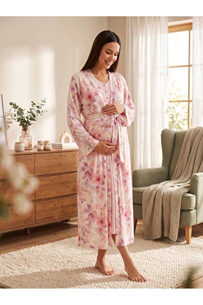 Lohusa Homewear New Season Pink Floral Patterned Lace Detailed Design Buttone...