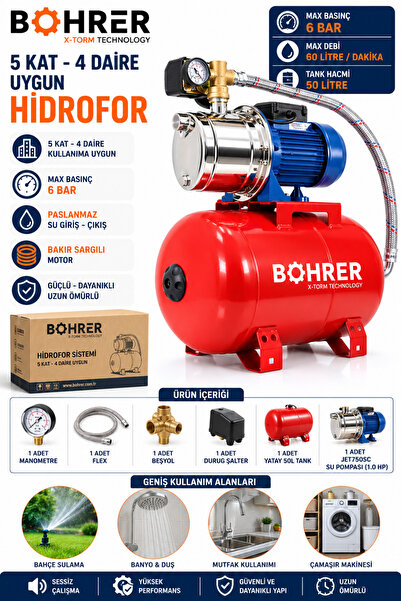 BÖHRER BA011427 5 KAT 5 DAİRE UYGUN BAKIR SARGILI PASLANMAZ OTOMATİK HİDROFOR...