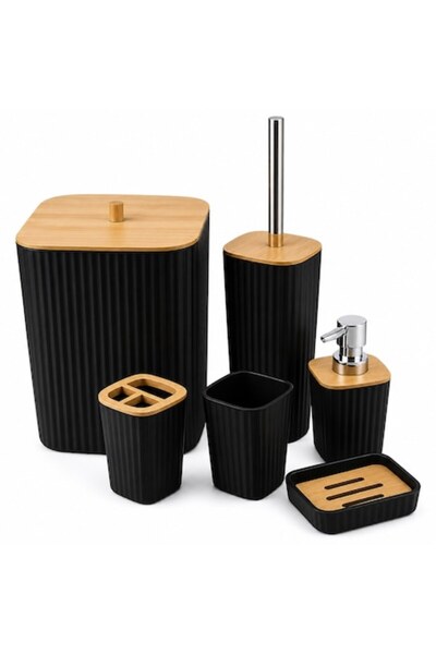 OEM Set de 6 accesorii pentru baie, din bambus și plastic premium, negru mat,...