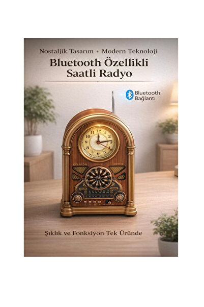 Everton RT-719 Nostaljik Radyo Bluetooth Hoparlör Saatli Ahşap Görünümlü FM/A...