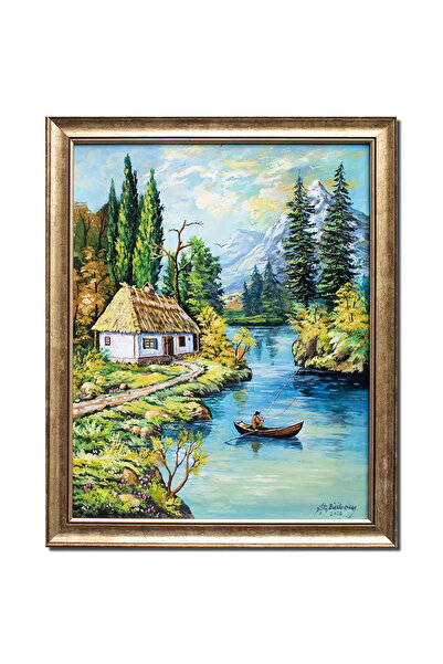 artnova Рамкирана ръчно рисувана пейзажна картина, Щастливият рибар, 55x45 см...