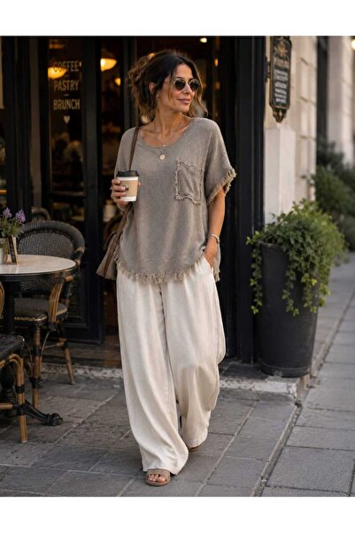 Budan Export Women's Linen Tassel Detailed Crew Neck Casual Oversize Summer B...