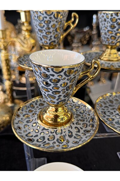 LOKMAN ZÜCCACİYE SHOWROOM LEOPAR DESENLİ 6 KİŞİLİK YALDIZLI AYAKLI KAHVE FİNC...