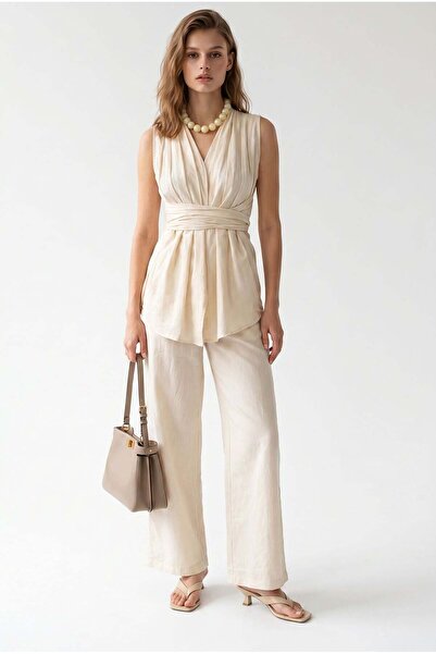 Mixray 2142 Women's Linen Blend Suit with Belt Detail Natural